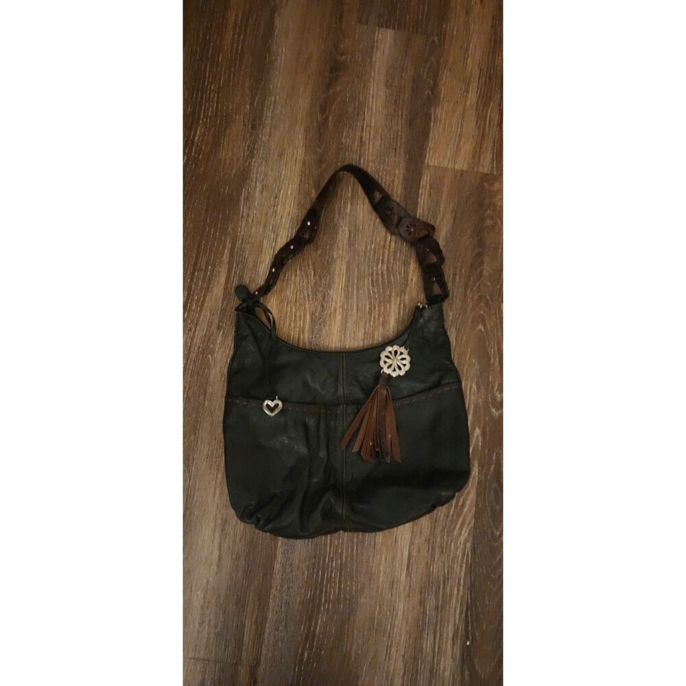 Brighton Black Leather Floral Tassel Zipper Closure Hobo Shoulder Bag